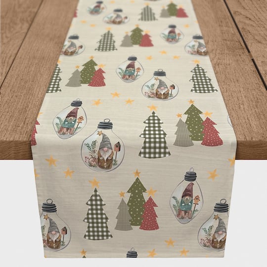90" Cream Tree & Globe Pattern Cotton Twill Runner
